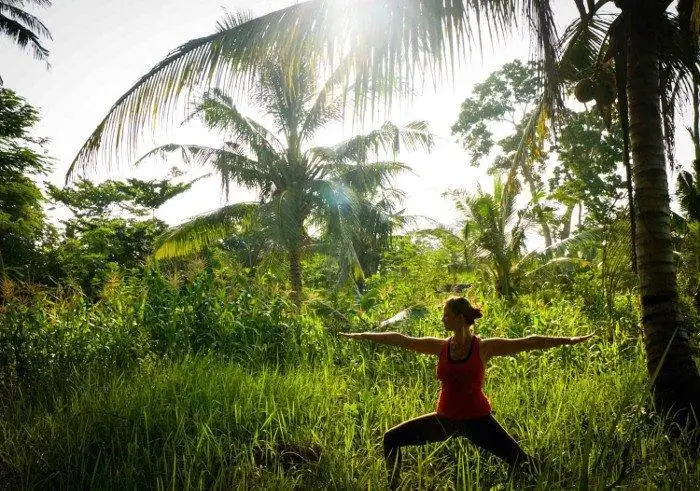 a woman practicing yoga in a grassy field.