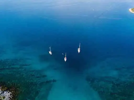 a group of sailboats anchored in the water.