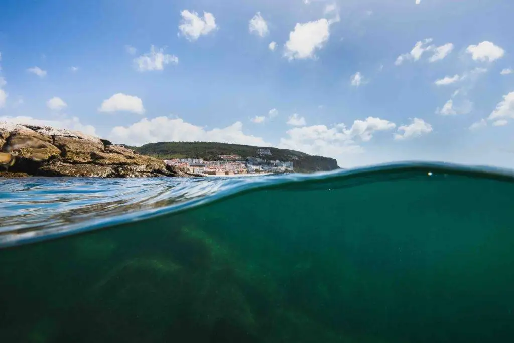 a view of the ocean from the bottom of the water.