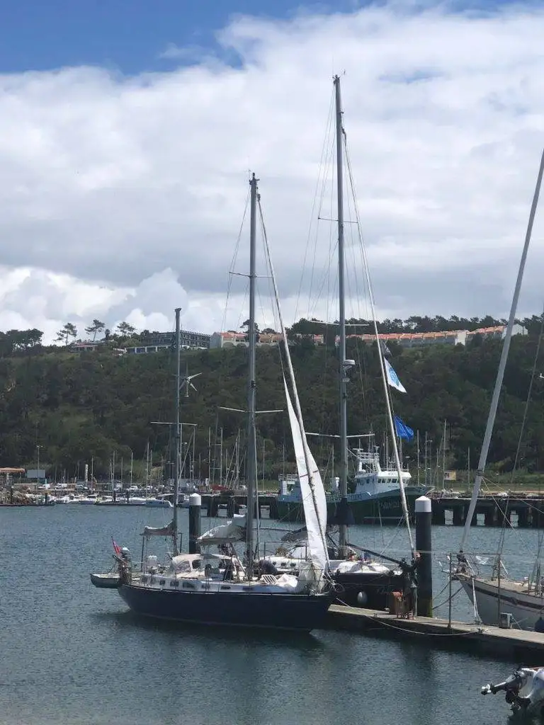 a group of sailboats docked in a harbor.
