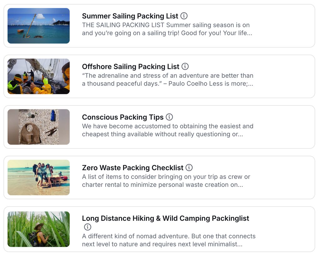 Find extensive packing lists and considerations for both coastal and offshore in the Ocean Nomads Resource Library in the member hub.