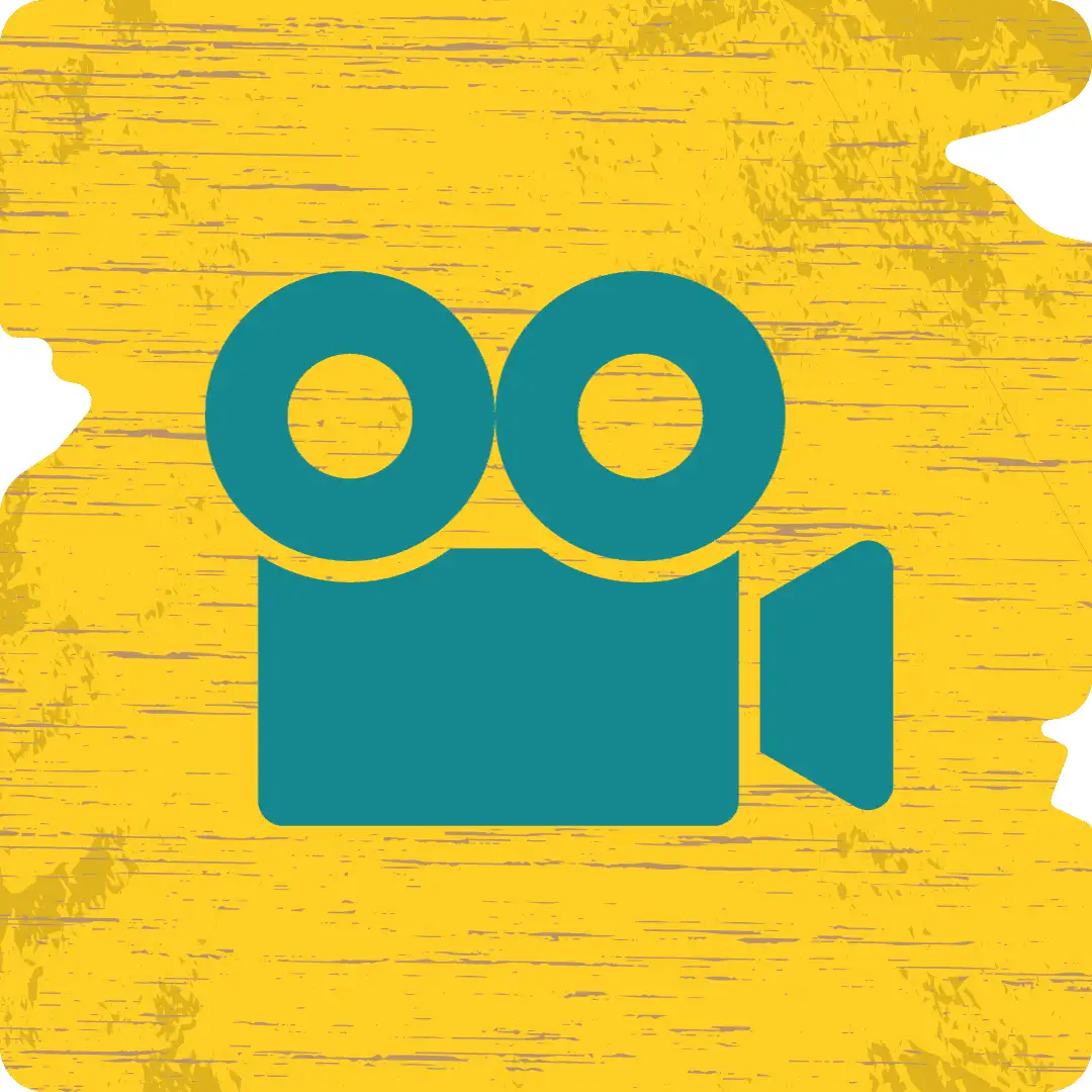 A travel icon depicting a video camera, set against a vibrant yellow background.