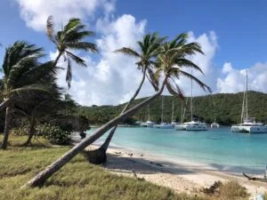 A Caribbean island beach with palm trees and a boat docked in the water.