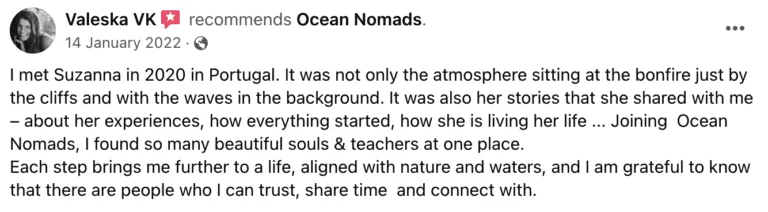 A social media recommendation post where the user expresses appreciation for ocean nomads, recounting a positive personal experience with the Sailboat Travel Mini Course and the impact of the community on their life.