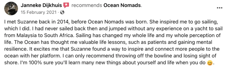 A social media post by Janneke Dijkhuis recommending ocean nomads and her transformative sailing experience inspired by Suzanne, now promoting a Sailboat Travel Mini Course.