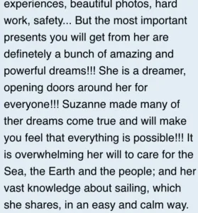 The image contains a text with various spelling and grammatical mistakes, praising Suzanne for her inspirational qualities and accomplishments in sailboat travel.