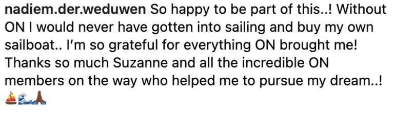 Social media post expressing gratitude for support in pursuing sailing dreams and acquiring a sailboat through a Mini Course.