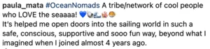 Text expressing gratitude and enthusiasm about being part of a network of sailing enthusiasts called #oceannomads and participating in the Sailboat Travel Mini Course.