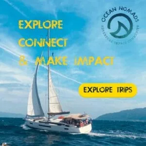 Sailboat on the ocean with mountains in the background. Text reads: "Explore, Connect & Make Impact. Salz auf der Haut." Ocean Nomads logo and Member Give-Away in the corner.