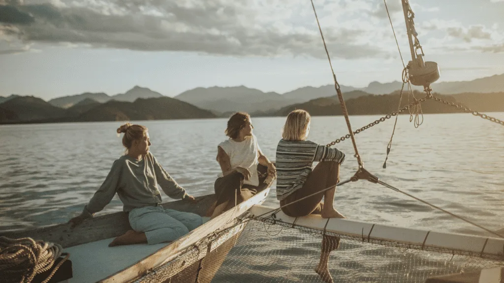 Three women sit on a sailboat at sunset, gazing over calm water with mountains in the background as a gentle wind stirs the scene.