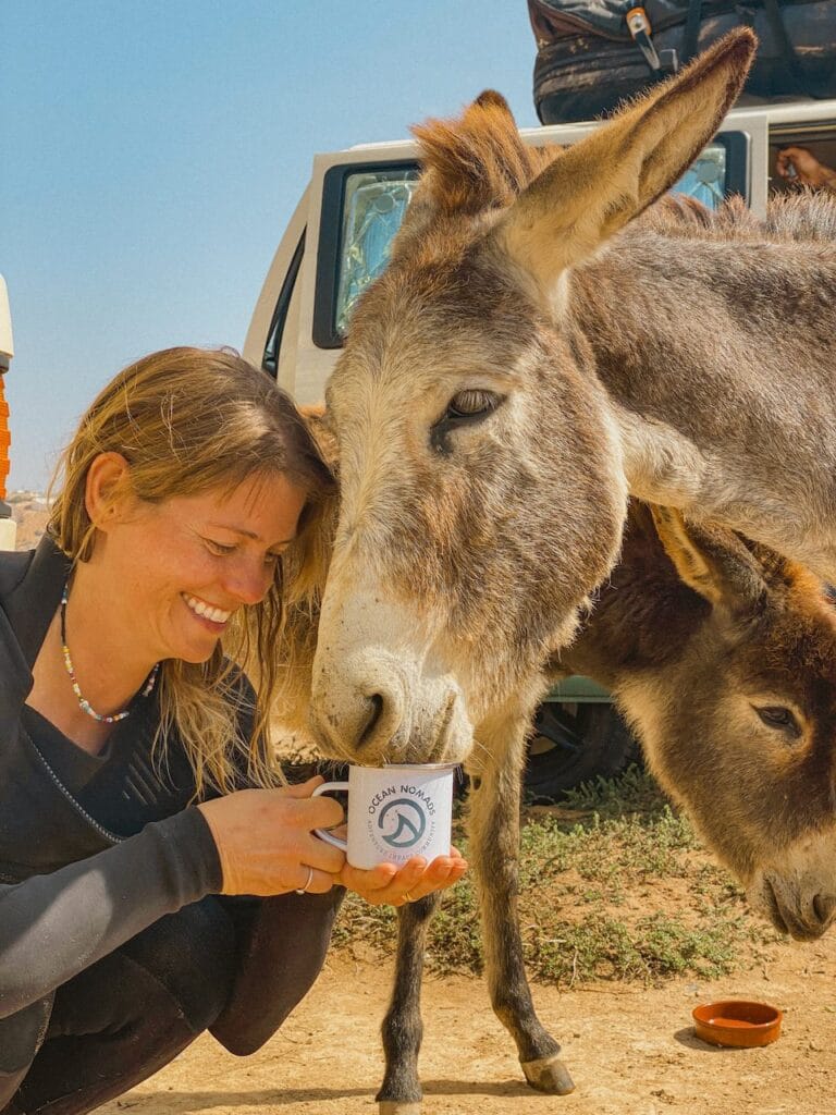 A woman smiles while holding a mug for a donkey to drink from, while another donkey stands nearby. A white vehicle with an open door is in the background—capturing a moment from her life-changing trip with Ocean Nomads.