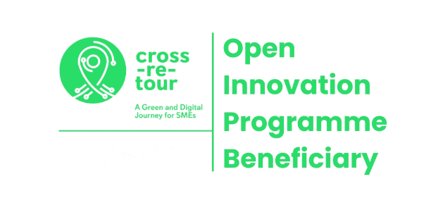 Green and white graphic with the text "cross-retour: A Green and Digital Journey for SMEs" and "Open Innovation Programme Beneficiary," highlighting the future of sea travel through sustainable travel solutions.