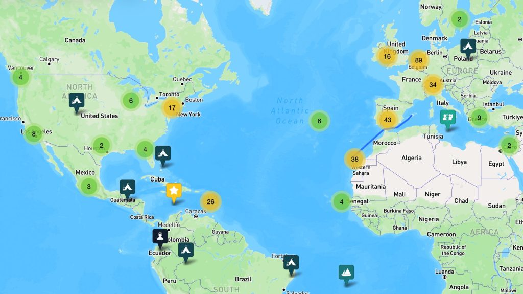 Ocean Nomads map showing nomad pins, vessels and basecamps across global sailing routes