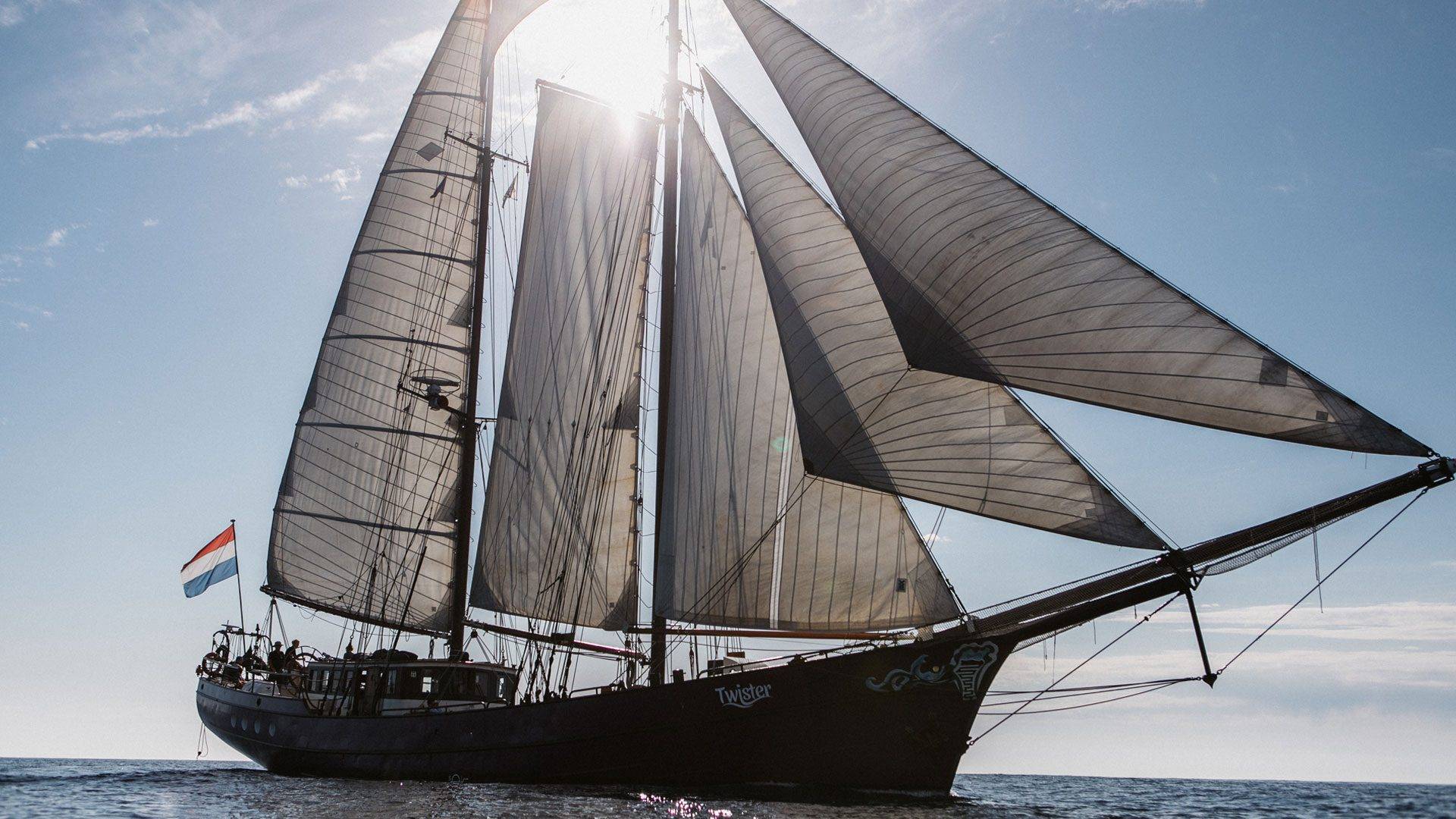 SV Twister, a 1902 schooner, under sail on an Atlantic crossing with Ocean Nomads