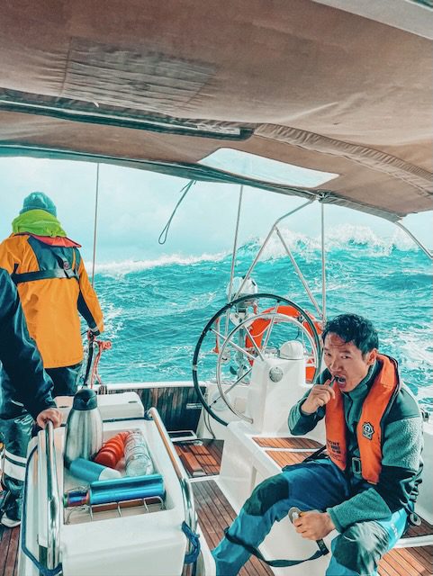 Brushing teeth on watch in rough sea